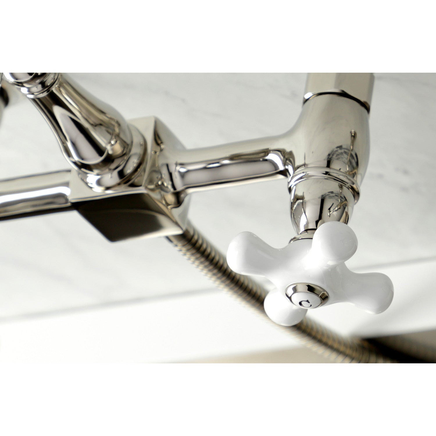 Kingston Heirloom KS1266PXBS - Heritage Two-Handle 3-Hole Wall Mount Bridge Kitchen Faucet with Brass Sprayer, Polished Nickel — thumbnail 2